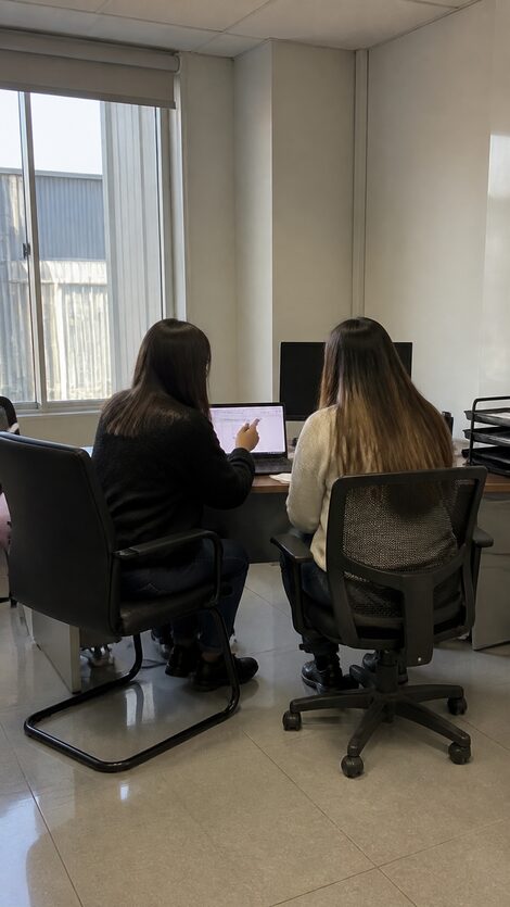 Dos personas conversando en un escritorio