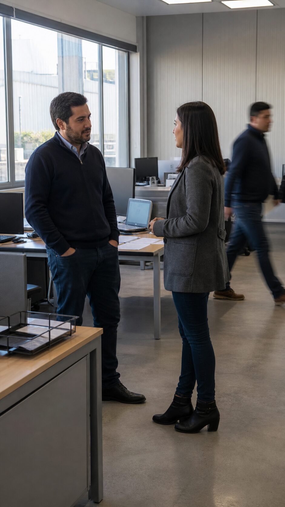 Oficina administrativa, dos personas conversando de pie