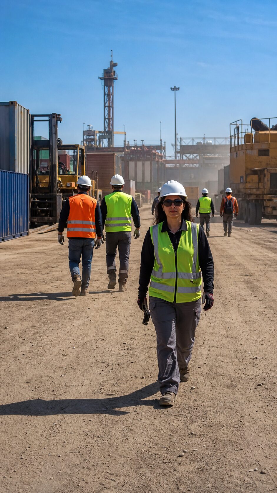 Patio industrial, cuadrilla con cascos en tránsito