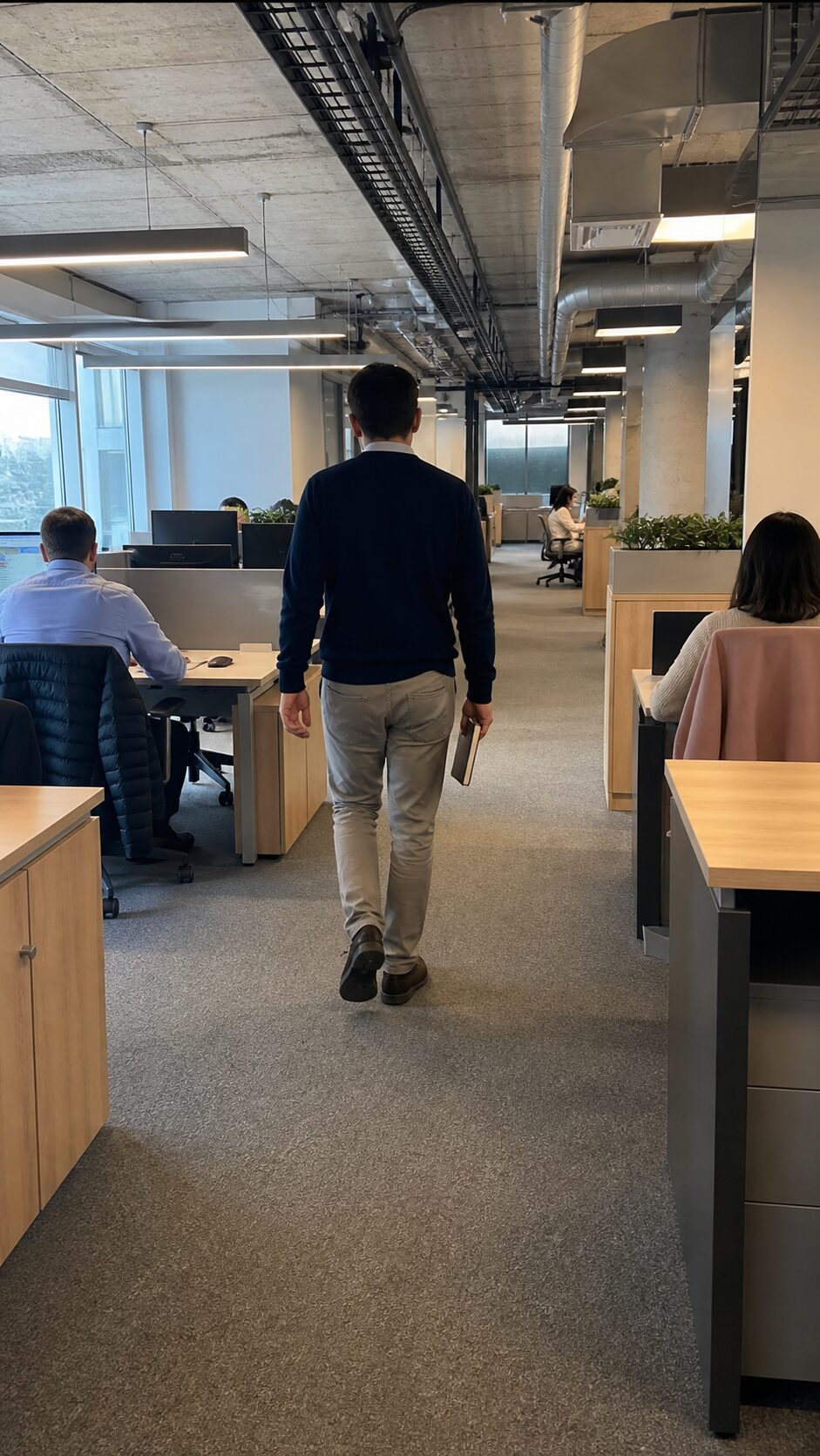 Pasillo de empresa, persona caminando de espaldas