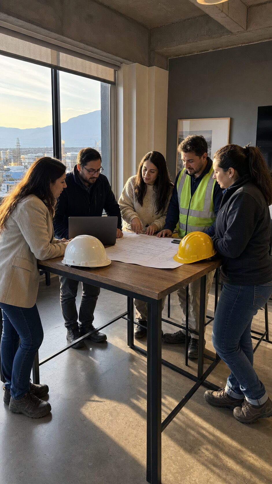 Equipo mixto oficina y faena colaborando, cascos sobre la mesa