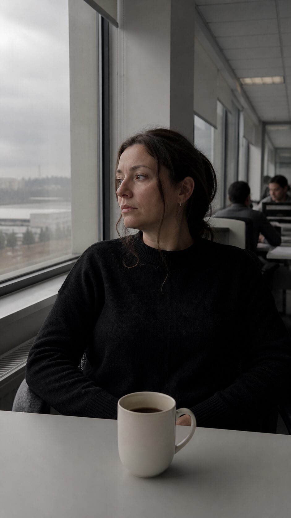 Mujer sola en su escritorio a la mañana siguiente